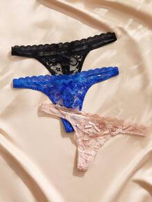 Charlaine Sexy Lace Trim Women's Thong Panties (3pcs/Pack) - Multicolor - View 5