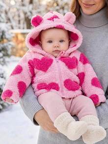 SHEIN Baby Girls Pink Heart Print Fleece Jacket With Hooded Ears Baby Girls Heart Pattern Sherpa Jacket With Bear Ears Hood Adorable Pink Heart Teddy Fleece Jacket For TBabyGirls With Hooded Pompoms.Baby Girl Clothes Warm Girl Clothes Kids Clothes For Online Teddy Bear Clothes For Toddler Good Quality Clothes For Girls,Baby-Baby Girls Clothing-Baby Girls Sets-Baby Girls Outerwear Co-Ords - Hot Pink - View 5