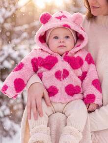 SHEIN Baby Girls Pink Heart Print Fleece Jacket With Hooded Ears Baby Girls Heart Pattern Sherpa Jacket With Bear Ears Hood Adorable Pink Heart Teddy Fleece Jacket For TBabyGirls With Hooded Pompoms.Baby Girl Clothes Warm Girl Clothes Kids Clothes For Online Teddy Bear Clothes For Toddler Good Quality Clothes For Girls,Baby-Baby Girls Clothing-Baby Girls Sets-Baby Girls Outerwear Co-Ords - Hot Pink - View 3