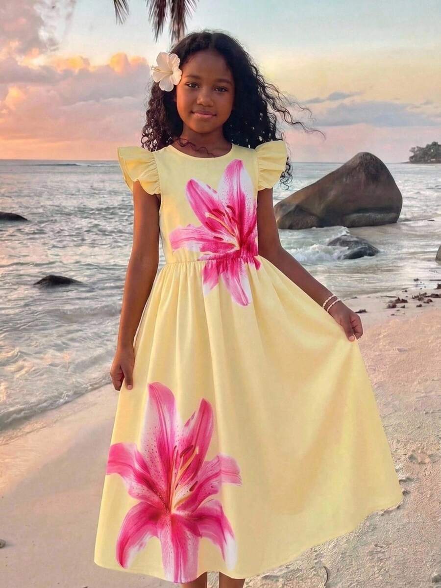 SHEIN Tween Girls' Print Patterned Flutter Sleeve Waist-Cinched Long Dress - Multicolor - View 1