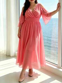 Franclia Vestido elegante de unicolor con volantes en el bajo para mujer de talla grande para primavera y verano - Rosado Sandía - Ver 3