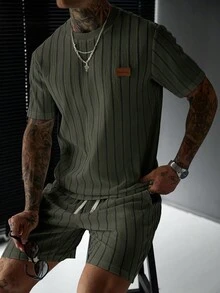 SLATEMANN 男士夏季休閒T恤短褲套裝 - 軍綠色 - 查看 5