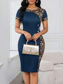 SHEIN Lady 女士豹纹拼接修身中长连衣裙 - 水鴨藍 - 查看 5