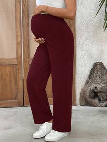 SHEIN 孕婦純色可調腰圍休閒長褲 - 酒紅色 - 查看 5