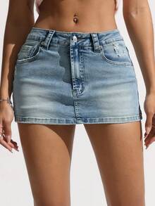 SHEIN EZwear 女款休閒百搭牛仔迷你裙，附口袋與鈕扣，適合日常穿著 - 中等水洗藍 - 查看 4