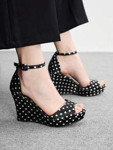 CUCCOO BIZCHIC Women's Shoes Polka Dot Fashion Wedge Heel Open Toe Shoes Wedding Shoes Spring Versatile Shoes - Black polka dot - View 2