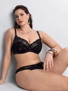 Slumbrini 1 Conjunto de lencería para mujer de talla grande con estampado de fresa sólido, adorno de lazo y encaje, cómodo - Negro - Ver 9