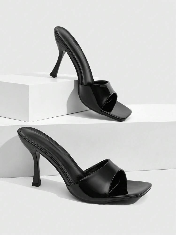 CUCCOO SZL Women's Black Patent Open Toe Square Toe High Heel Mules - Black - View 1