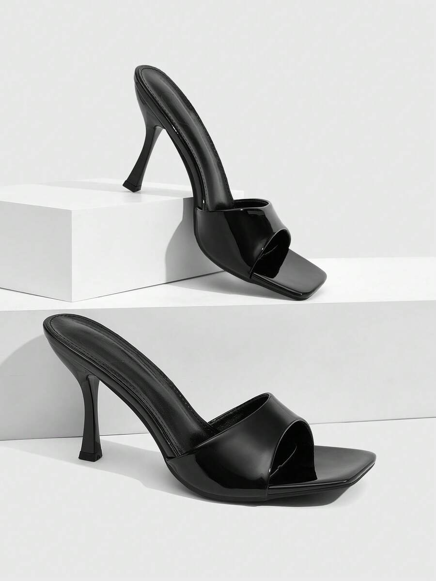 CUCCOO SZL Sepatu hak tinggi wanita model mules dengan ujung terbuka dan bentuk persegi, terbuat dari kulit mengkilap hitam. - Hitam - View 1