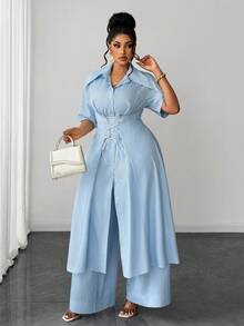 Maweii Conjunto de 2 piezas para mujer talla grande con rayas finas azul & blanco (camisa larga + pantalones de pierna ancha), estilo casual para ir al trabajo, cuello de solapa, fruncido con cordón, cierre elegante de botones de una sola - Azul y blanco - Ver 3