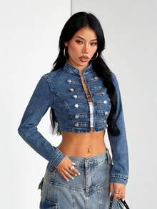 StreetHx Áo khoác denim quân đội phong cách cung đình Y2K đường phố thời trang thường ngày phối patchwork nhiều nút - Rửa trung bình - Xem 6
