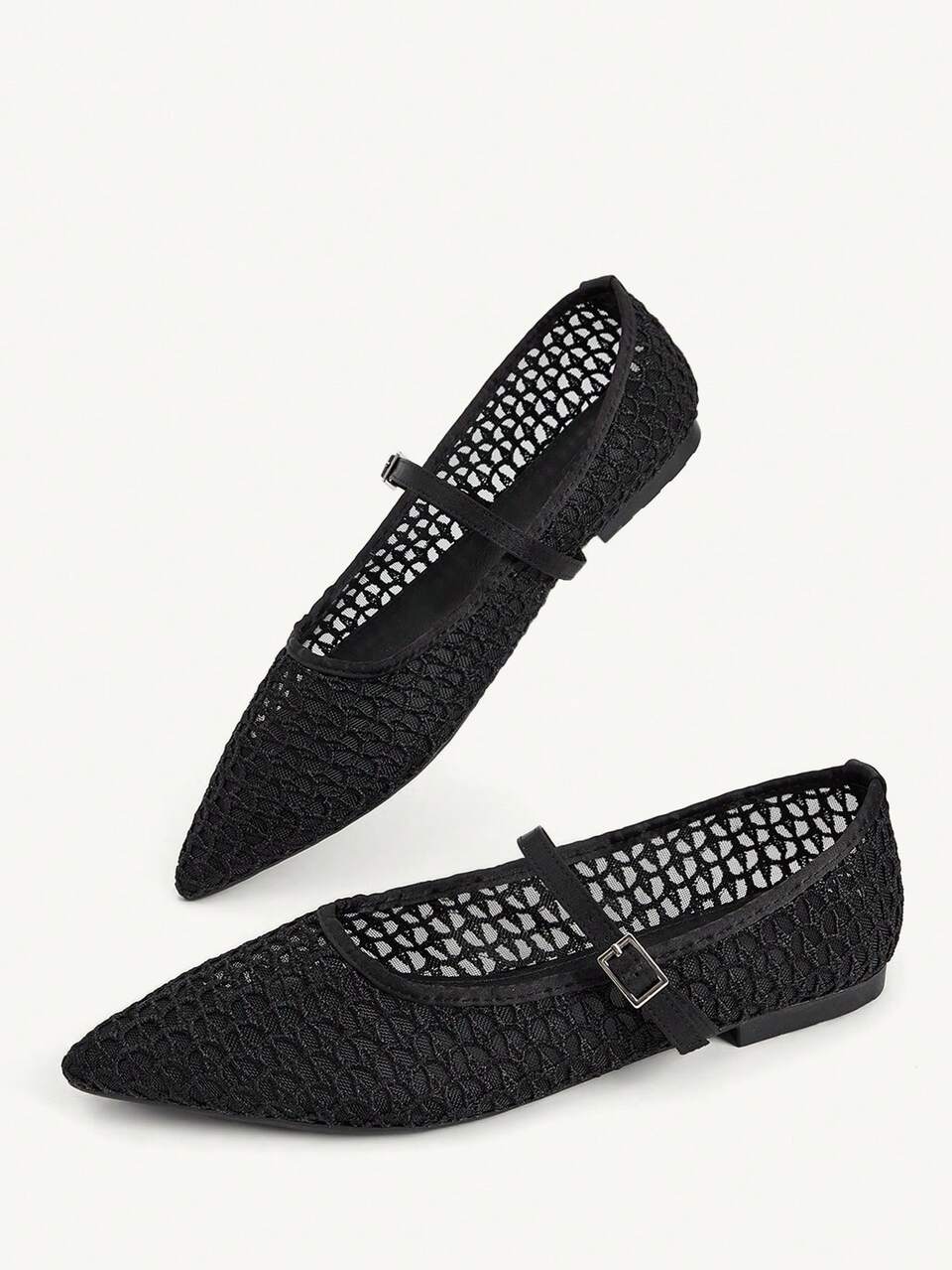 CUCCOO CHICEST Black Lace Mesh Pointed Mary Jane Single Shoes One-Button Hollow Breathable Flat Shoes Commuter Women's Shoes