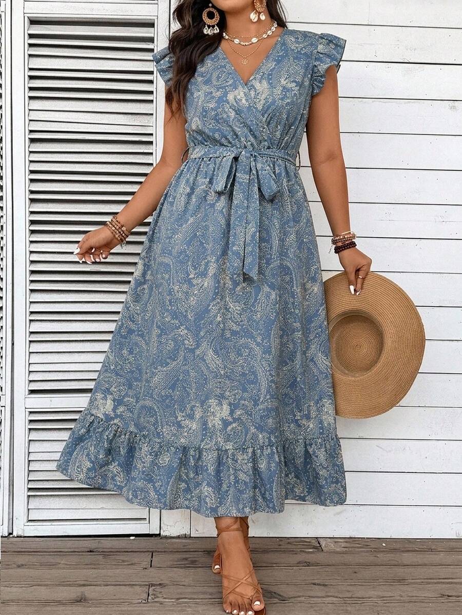 SHEIN VCAY Vestido elegante de talla grande para mujer con estampado de anacardo y mangas volantes para vacaciones - Azul - Ver 1