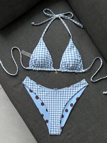 Swim Mod Women's Summer Beach Polka Dot Halter Tie Sexy Bikini And Triangle Bottom Two-Piece Swimsuit Set - Blue - View 4