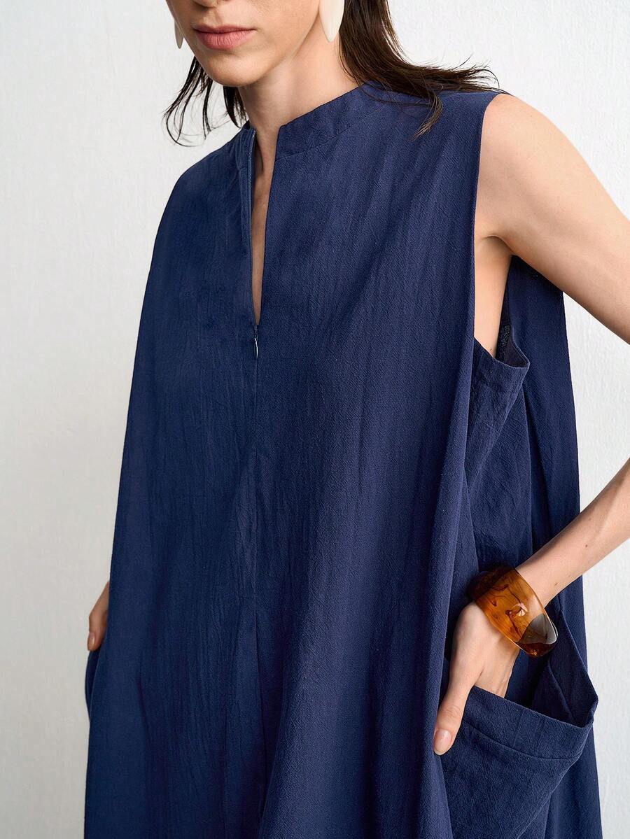 Aalyst Gaun Tanpa Lengan Minimalis Kasual Serbaguna untuk Wanita, Warna Polos, Resleting Depan, Tali Serut, Cocok untuk Liburan Musim Panas Warna Biru Tua