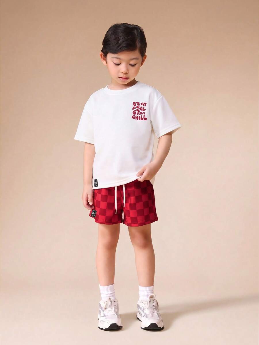 SUMWON 男童短袖T恤搭配格子短裤套装,休闲印花街头风夏季穿搭 - 紅色 - 查看 1