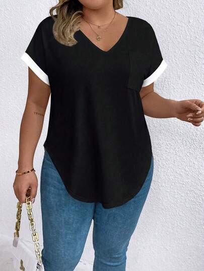 Elenzga Plus Size Summer Casual Colorblock Short Sleeve T-Shirt
