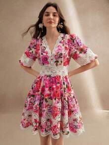 Anewsta Summer Floral Print Lace Trim Waist Cinched A-Line Elegant Ladies Short Dress - Pink - View 1