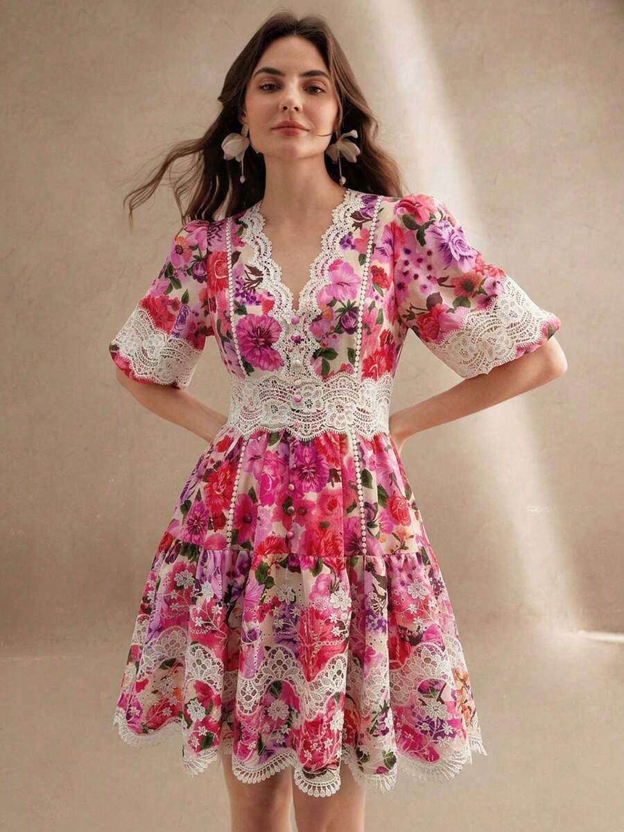 Anewsta Summer Floral Print Lace Trim Waist Cinched A-Line Elegant Ladies Short Dress - Pink - View 1