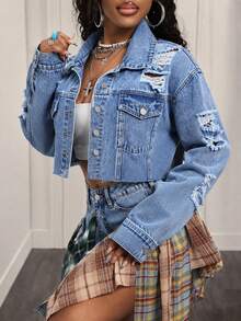 Slaydiva Jaket Denim Pendek Kasual Bermotif untuk Wanita Ukuran Plus, Serbaguna dan Modis - Medium Wash - View 8