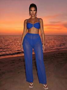 Sirith Summer Beach U Wired Bandeau Bikini With Beach Pants Vacation - Royal Blue - View 5