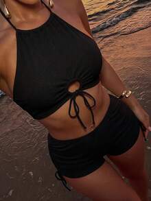 Sirith Bikini liso con cordón y cuello halter para playa de verano y vacaciones - Negro - Ver 4