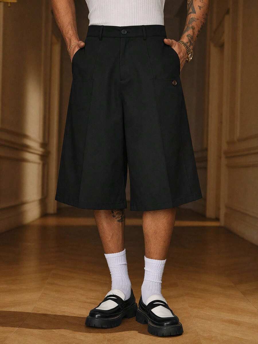 SIGLOCORE Pantalones cortos casuales versátiles con bolsillo de unicolor para hombres - Negro - Ver 1