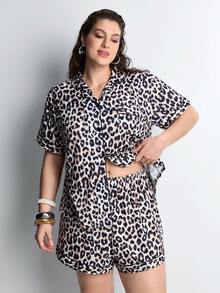 Slumbrini 2pcs Women Pajama Set, Leopard Print, Ladies Homewear, Spring/Summer Holiday Outfit, Short Sleeve Lapel Top And Shorts Can Be Worn Outerwear - Brown - View 7