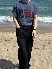 DAZY 夏季短袖字母印花藍色男士T恤圖案上衣 - 藍色 - 查看 5