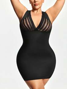 SHAPORA Gaun Bodycon Jala Kontras Warna Polos untuk Wanita Ukuran Plus - Hitam - View 2
