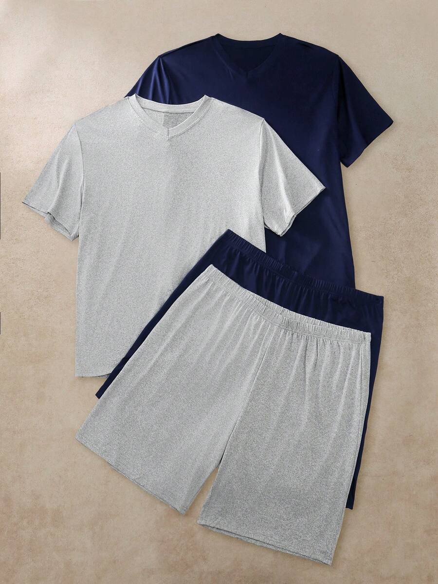 Provexi Provexi 男士基礎休閒寬鬆舒適黑灰色短袖上衣與短褲家居服套裝(含2件上衣與2件褲子) - 彩色 - 查看 1