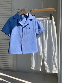 SHEIN 兒童小男孩/小女孩，小男孩 2 件組 春/夏休閒度假風短袖襯衫與長褲套裝，小男孩夏季服飾，穿搭，Squishy - 藍色 - 查看 10