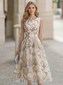 EMERY ROSE Spring Summer Autumn New Elegant Leaf Pattern French Style Formal Long Dress For Women - Multicolor - View 4
