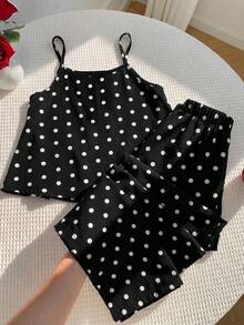 SHEIN LMoss Kids 女童編織波點細肩帶上衣與長褲兩件套 - 黑色 - 查看 4