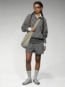 COUREZ Check Low Rise Mid Length Tailored Shorts , Y2K Casual Summer Black And White Plaid Shorts - Black - View 6