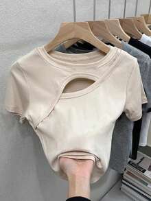EMERY ROSE Women's Solid Color Round Neck Short Sleeve Cutout Casual T-Shirt Everyday Light Beige Summer - Apricot - View 3