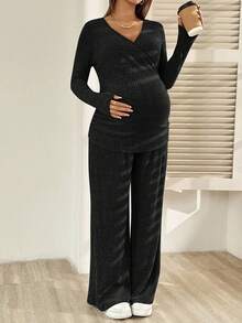 SHEIN 孕婦純色長袖上衣與長褲哺乳兩件套 - 黑色 - 查看 4