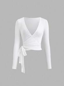 SHEIN EZwear 2026秋季新款 95%棉 時尚歐美性感簡約休閒運動健身彈性柔軟前開襟繫帶V領貼身長袖短版三件套純色優雅通勤女款T恤，四季皆宜，皮拉提斯、瑜伽運動T恤 - 彩色 - 查看 3