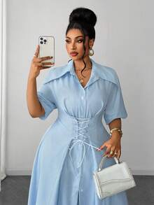 Maweii Conjunto de 2 piezas para mujer talla grande con rayas finas azul & blanco (camisa larga + pantalones de pierna ancha), estilo casual para ir al trabajo, cuello de solapa, fruncido con cordón, cierre elegante de botones de una sola - Azul y blanco - Ver 6