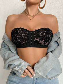 DesireSculpt Women's Black Lace Front Closure Push-Up Bra, 1pc - Black - View 3