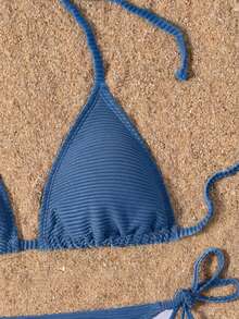 Swim Basics 女款紋理性感掛脖綁帶比基尼兩件式泳衣套裝，適合度假 - 霧霾藍 - 查看 3