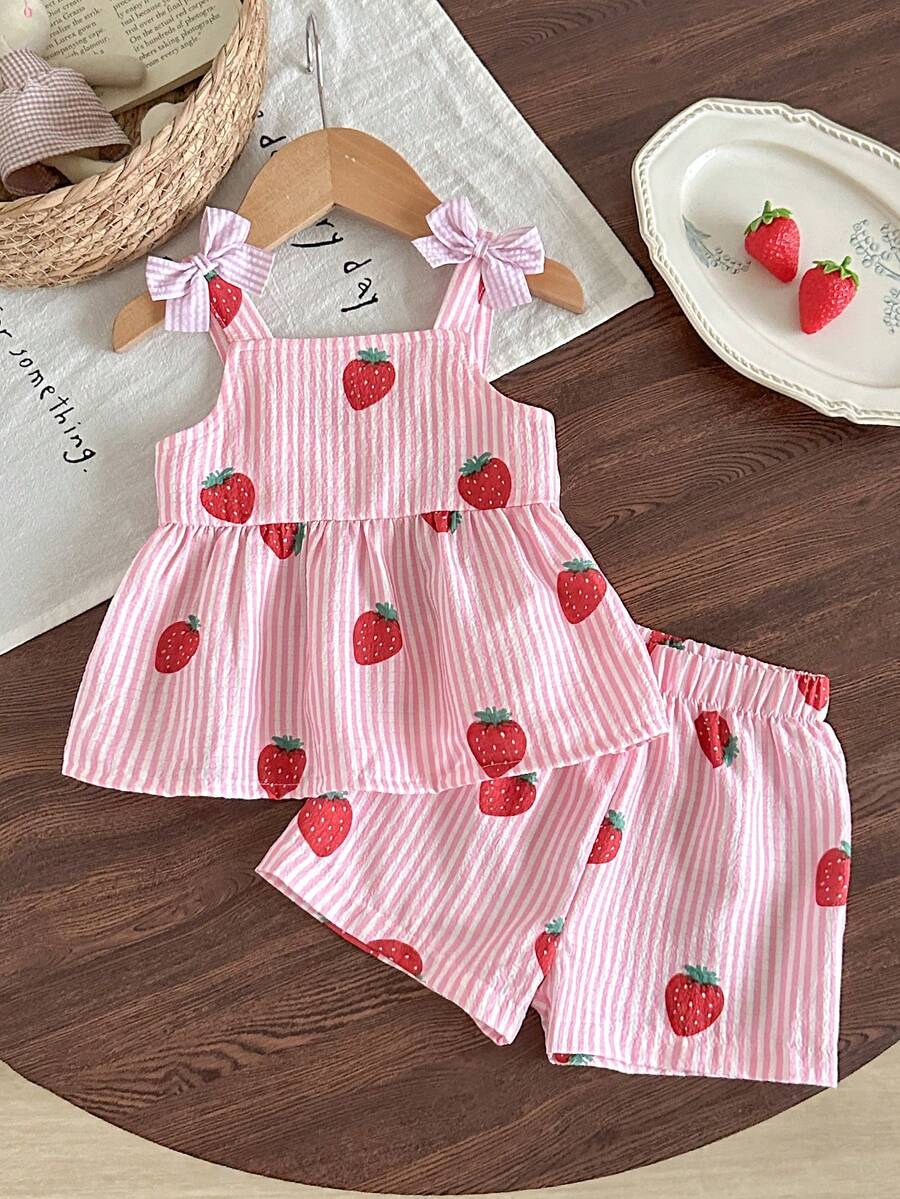 SHEIN 2件組女嬰幼兒/新生兒 0-3歲 春夏休閒日常可愛度假風 條紋蝴蝶結裝飾 黃色檸檬圖案細肩帶上衣+短褲套裝 - 粉色 - 查看 1
