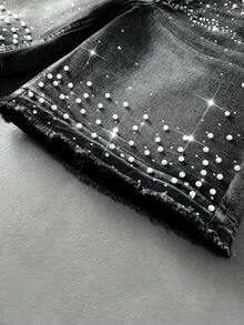 ROMWE MEN Street Life Men's Beaded Rhinestone Decorated Denim Shorts - Black - View 4