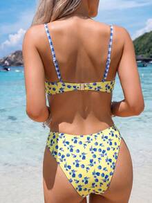Swim Vcay Conjunto de Bikini Sexy con Estampado Floral, Aros, Fruncido y Tirantes Finos para Vacaciones de Verano - Multicolor - Ver 2