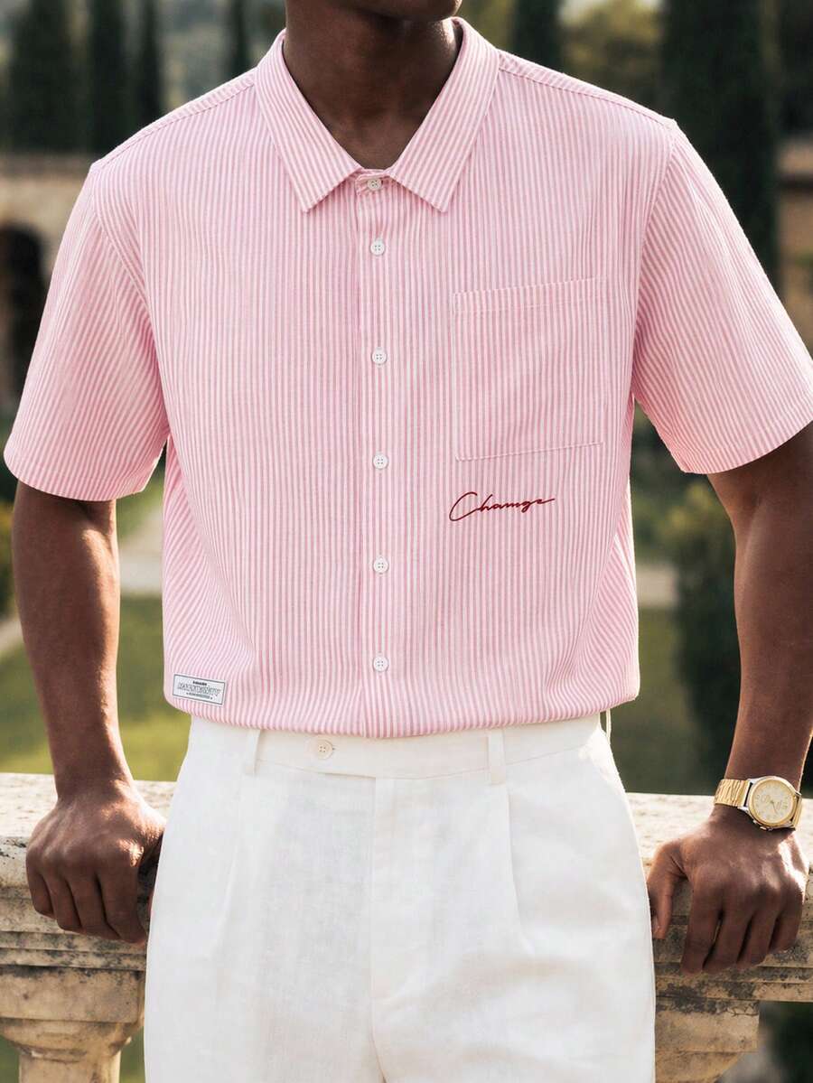 Vientiro Plus Size Men's Loose Casual Woven Striped Short Sleeve Shirt, Pink & White - Pink - View 1