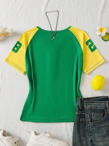 SHEIN T-shirt à manches courtes rayé style vintage européen et américain Y2K, convient aux filles et aux adolescentes - Vert - Voir 2