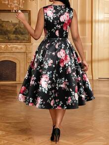 SHEIN Lady Elegantes romantisches Damenkleid mit Blumenmuster, tailliert, Rundhalsausschnitt, für Hochzeit, Cocktail, Teegartenparty, Gartenparty, Barparty, Rot und Schwarz, Sommer - Schwarz - Übersicht 2
