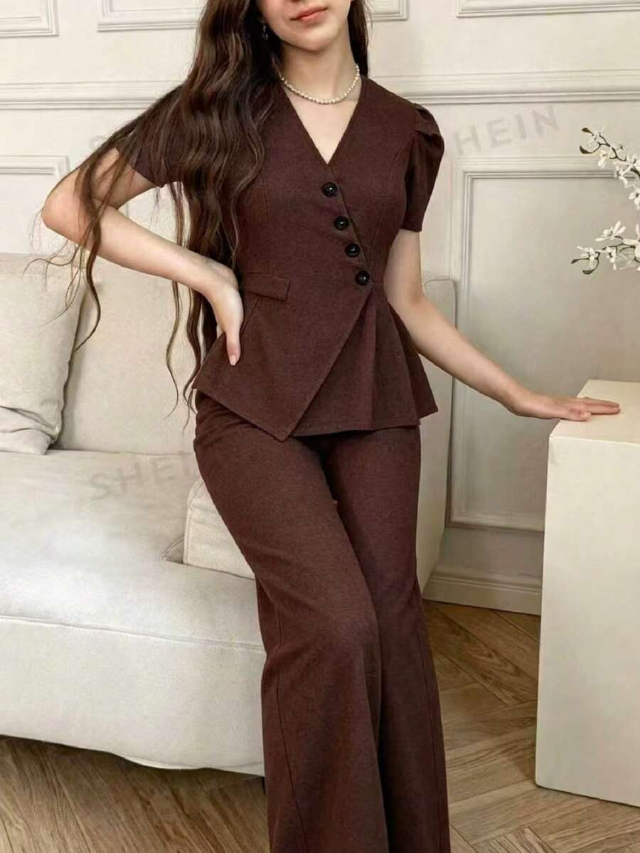 Elladie kids 少女纯色V领短袖T恤和裤子套装