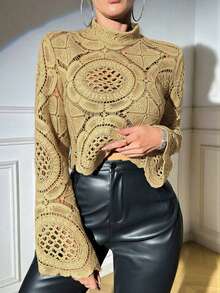 Glamine Water-Soluble Floral Placement Border Sheer Blouse - Khaki - View 1