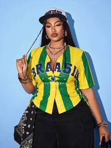 Maweii Summer Plus Size Women's White Striped Letter Print Top Short Sleeve Top With Side Drawstring - Multicolor - View 1